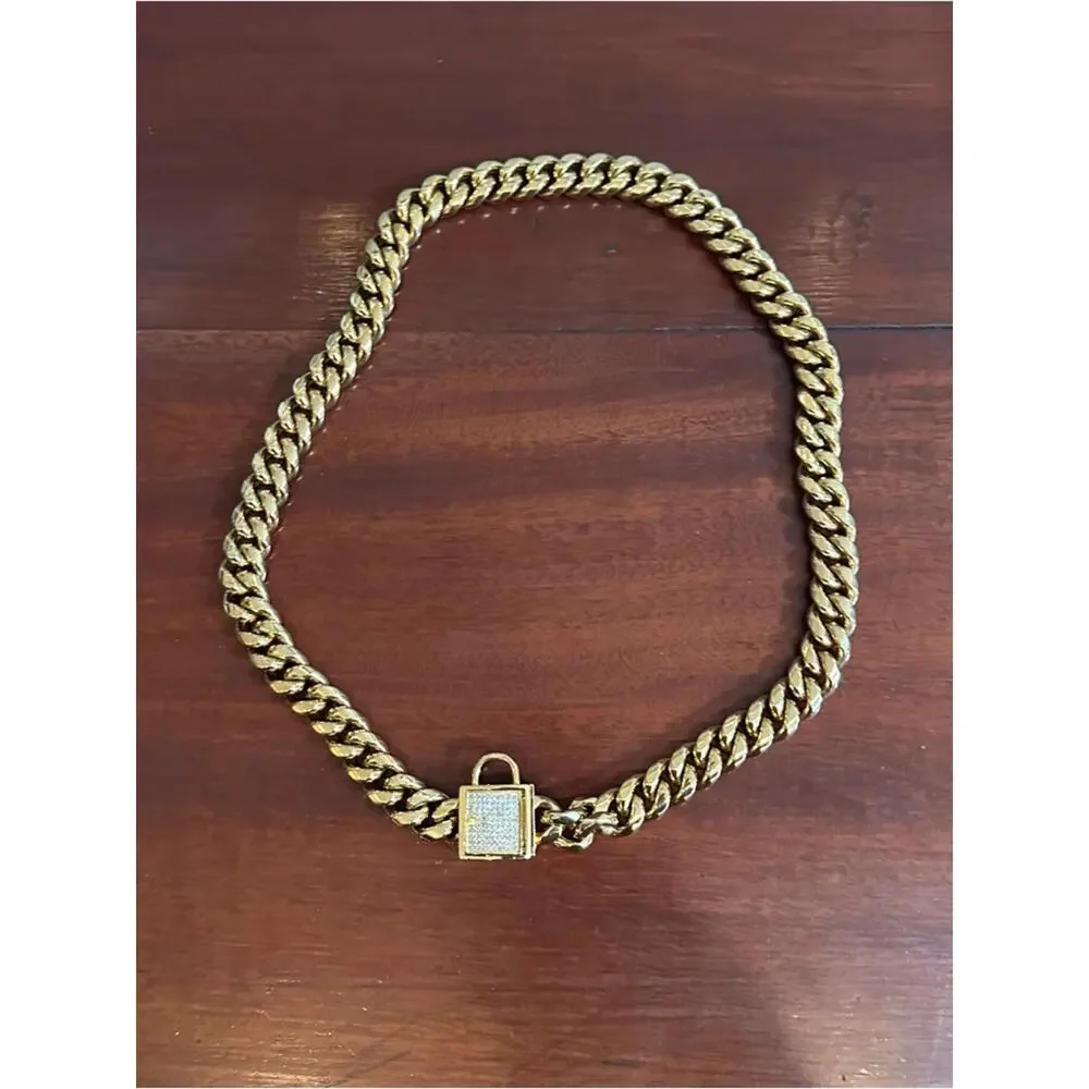 Gold Chain Dog Collar Padlock Clasp Bling Titanium Steel 24